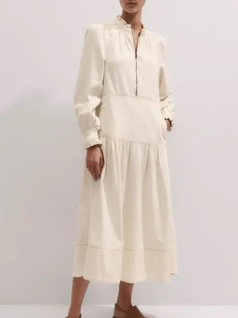 ME+EM Washed Denim Off-White Ecru Ruffled Zip-Front Denim Midi Dress Size 10